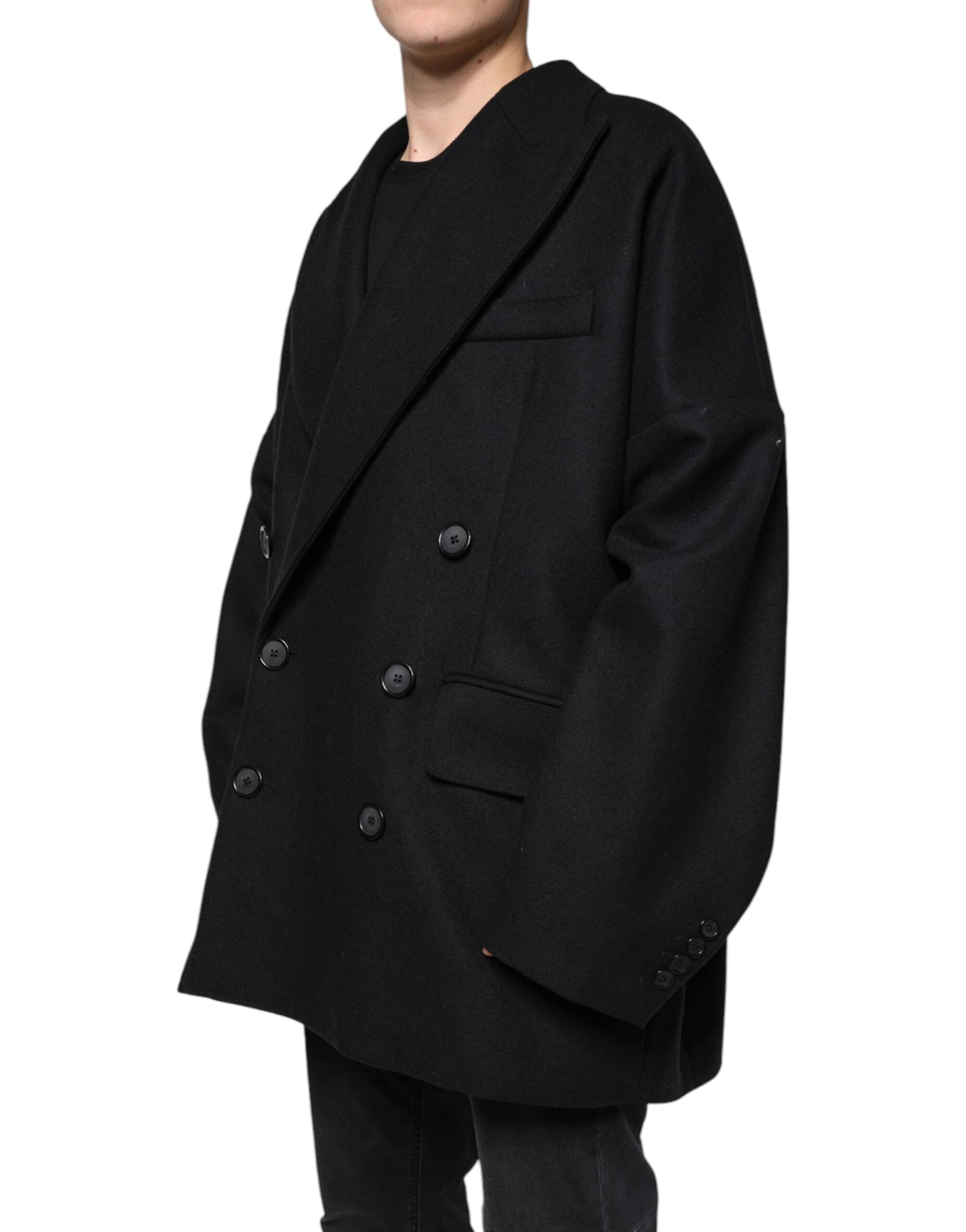 Dolce & Gabbana Black Wool Double Breasted Men Coat Jacket - IT50 | L