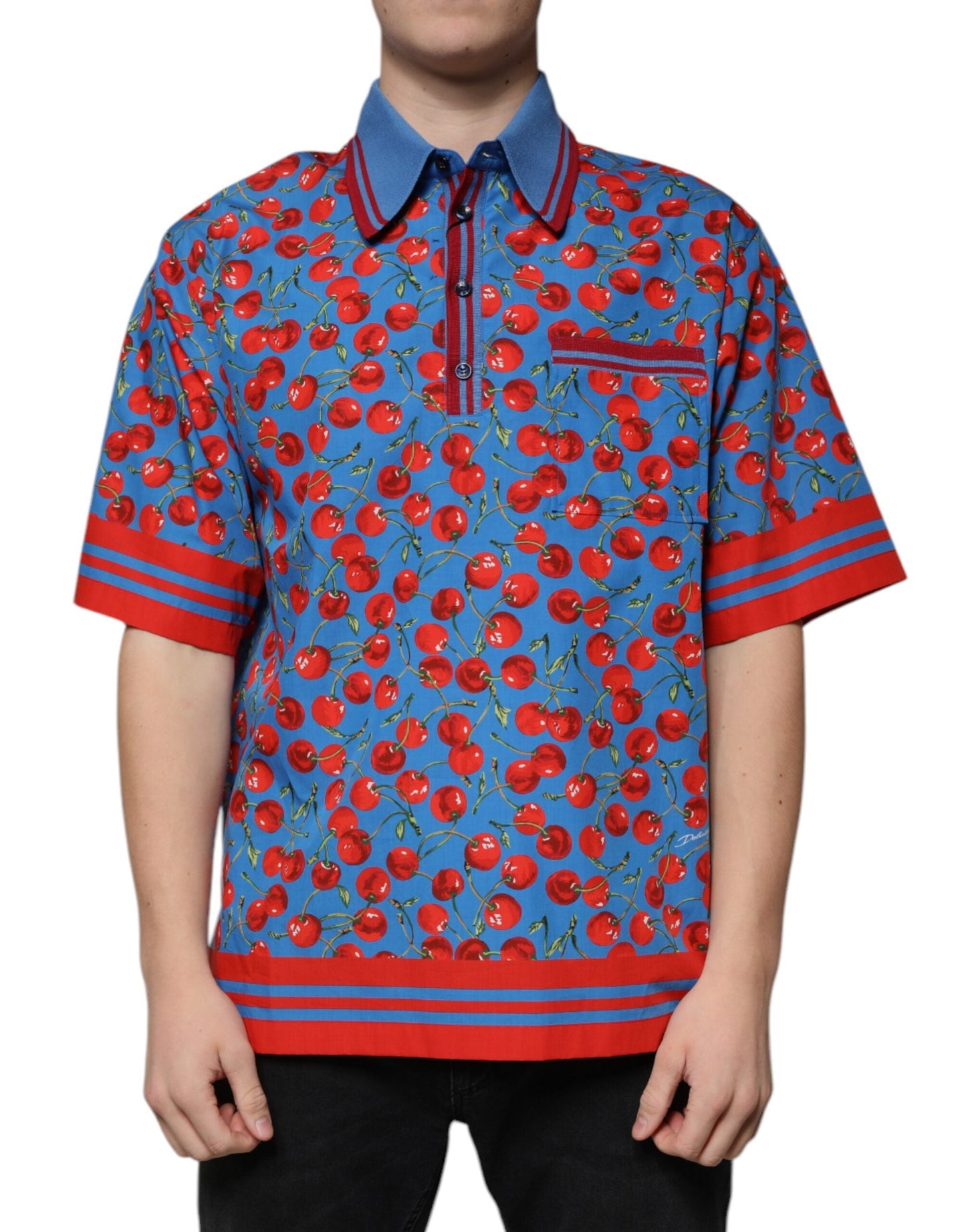 Dolce & Gabbana Blue Cherry Cotton Collared Men Polo T-shirt - IT48 | M