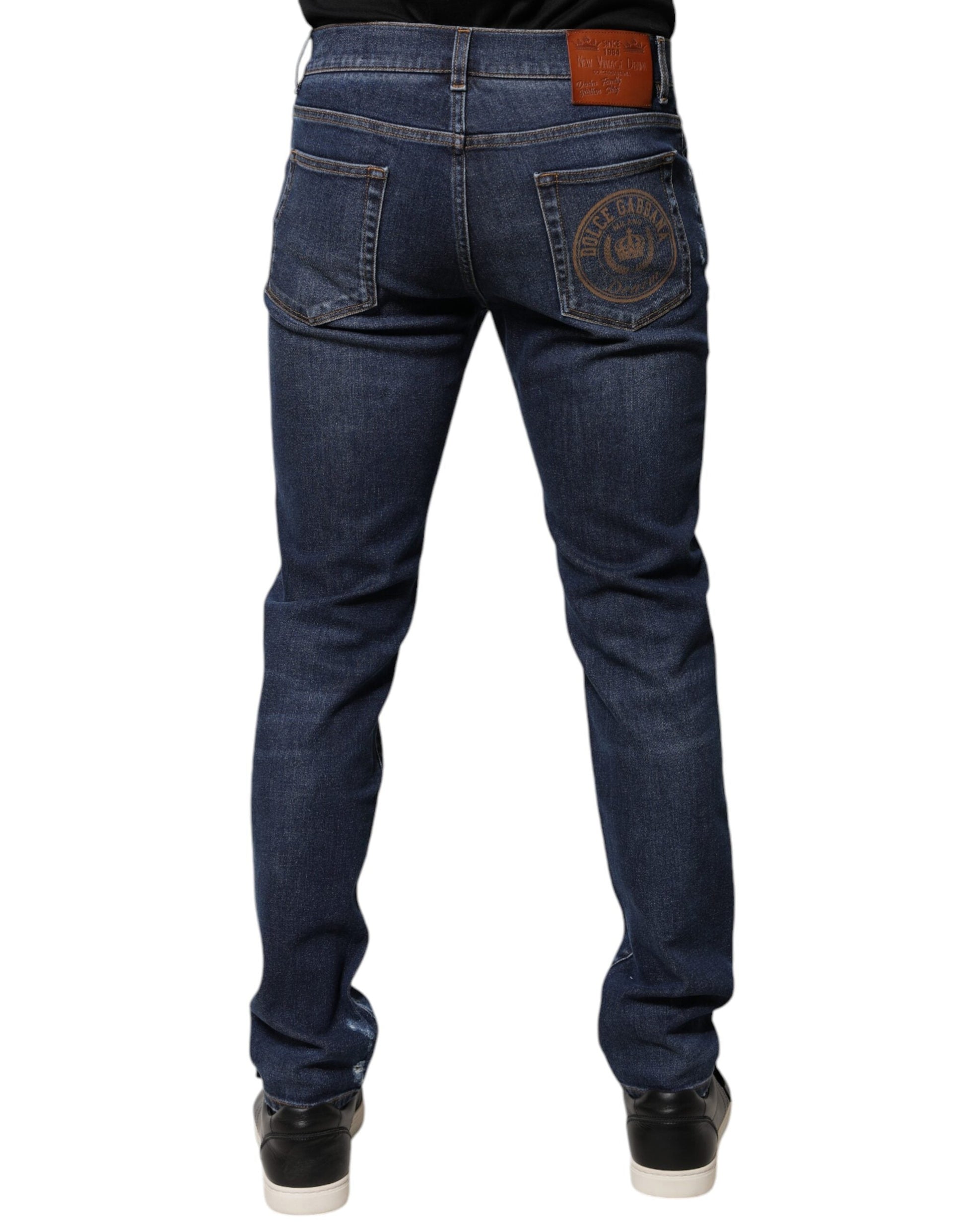 Dolce & Gabbana Blue Cotton Logo Print Slim Fit Denim Jeans - IT48 | M