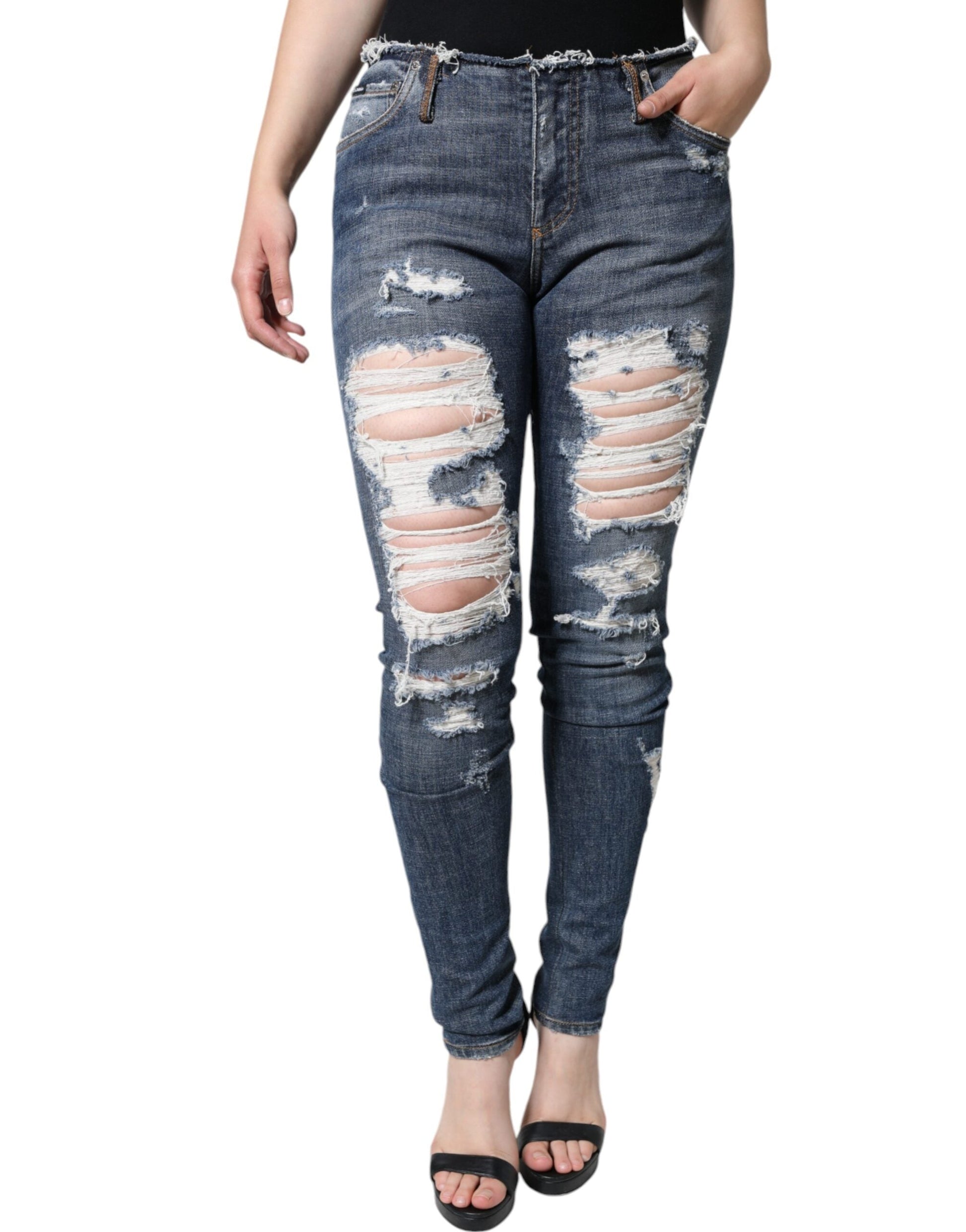 Dolce & Gabbana Blue Cotton Stretch Tattered Skinny Jeans - IT40|S