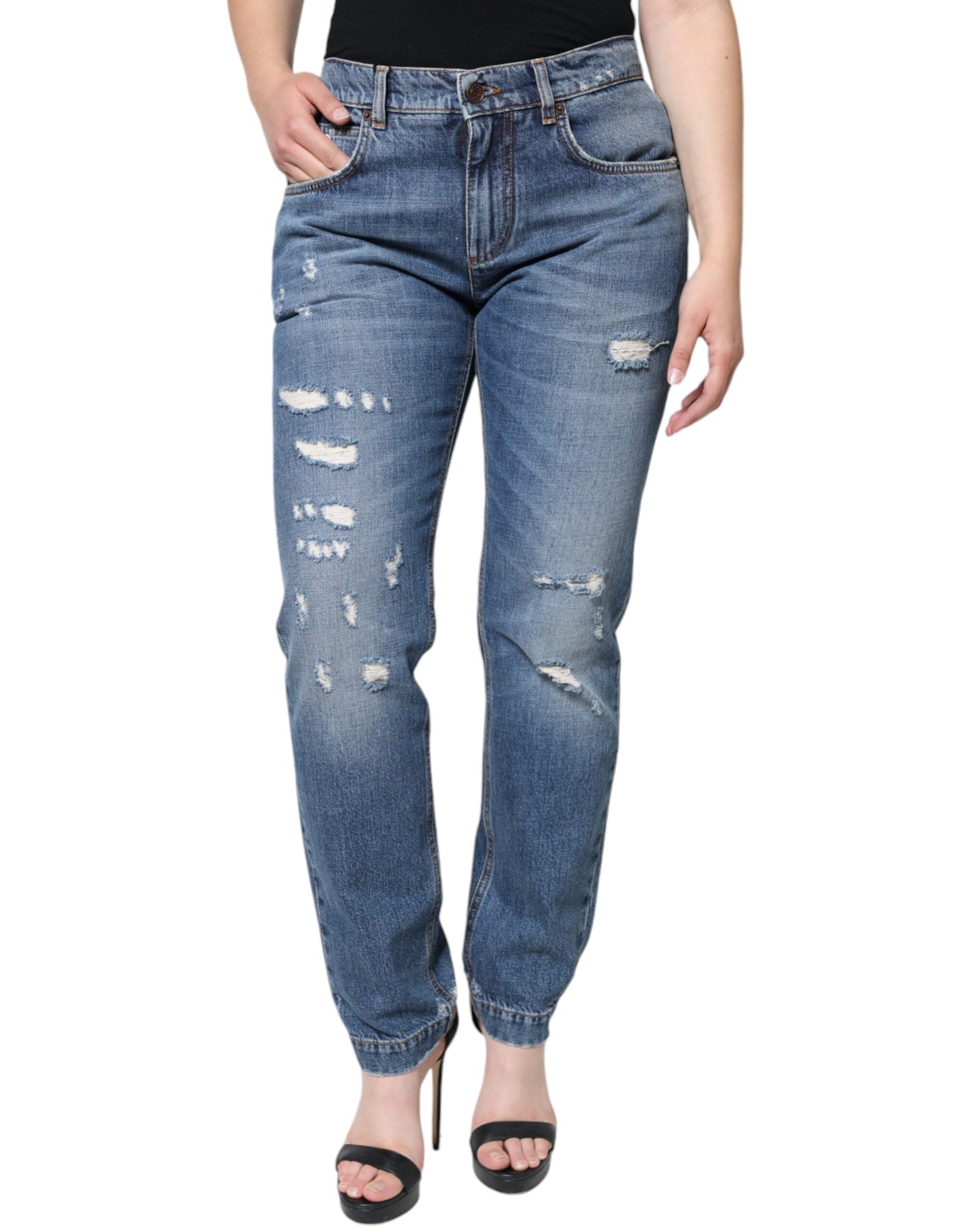 Dolce & Gabbana Blue Cotton Tattered Boyfriend Denim Jeans - IT42|M