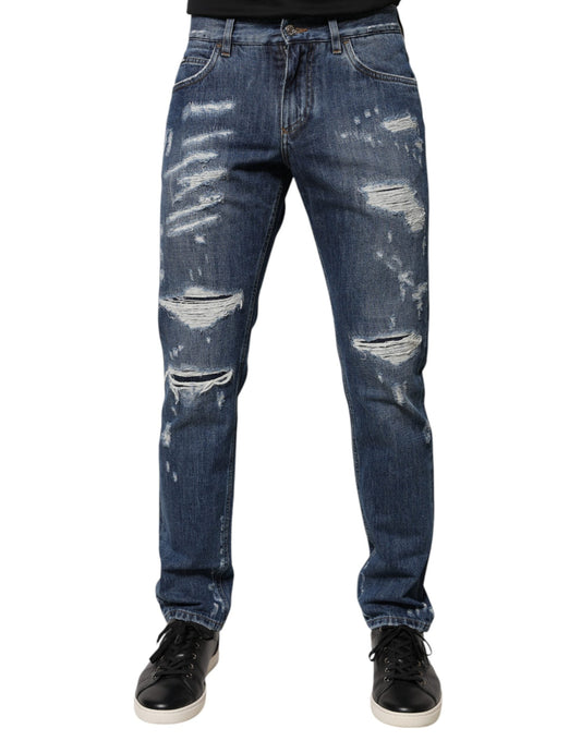 Dolce & Gabbana Blue Cotton Tattered Skinny Denim Jeans - IT46 | S