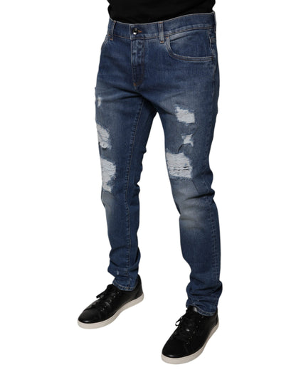 Dolce & Gabbana Blue Cotton Tattered Skinny Denim Jeans - IT52 | XL