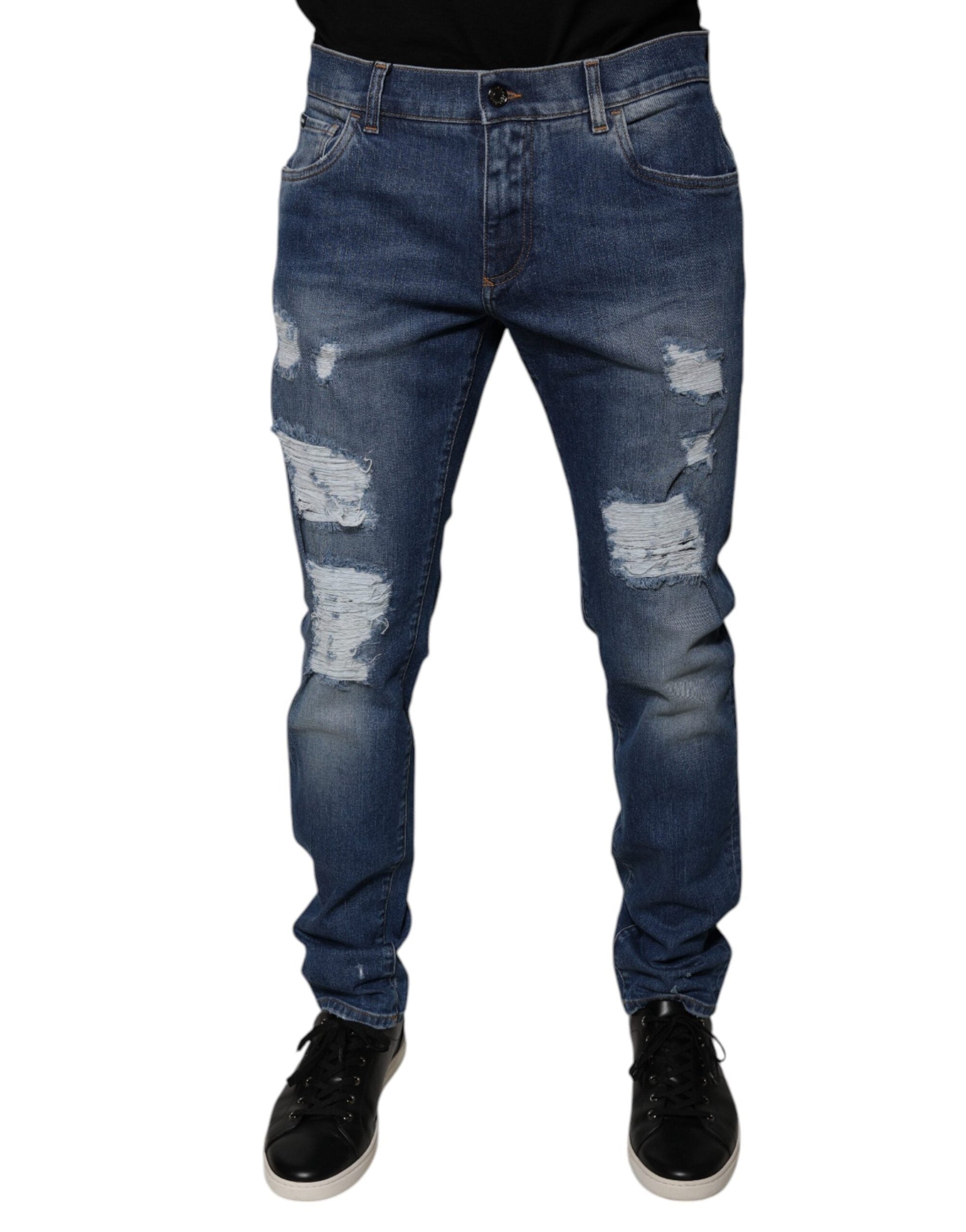 Dolce & Gabbana Blue Cotton Tattered Skinny Denim Jeans - IT52 | XL