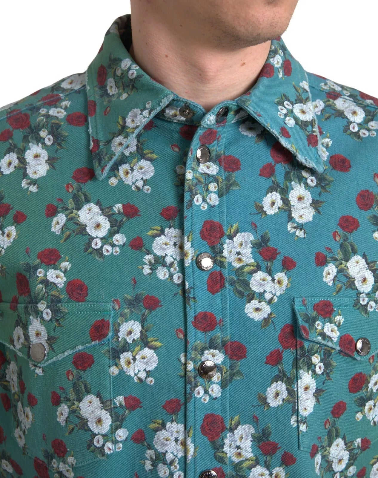 Dolce & Gabbana Blue Floral Cotton Button Down Denim Shirt - IT39 | S