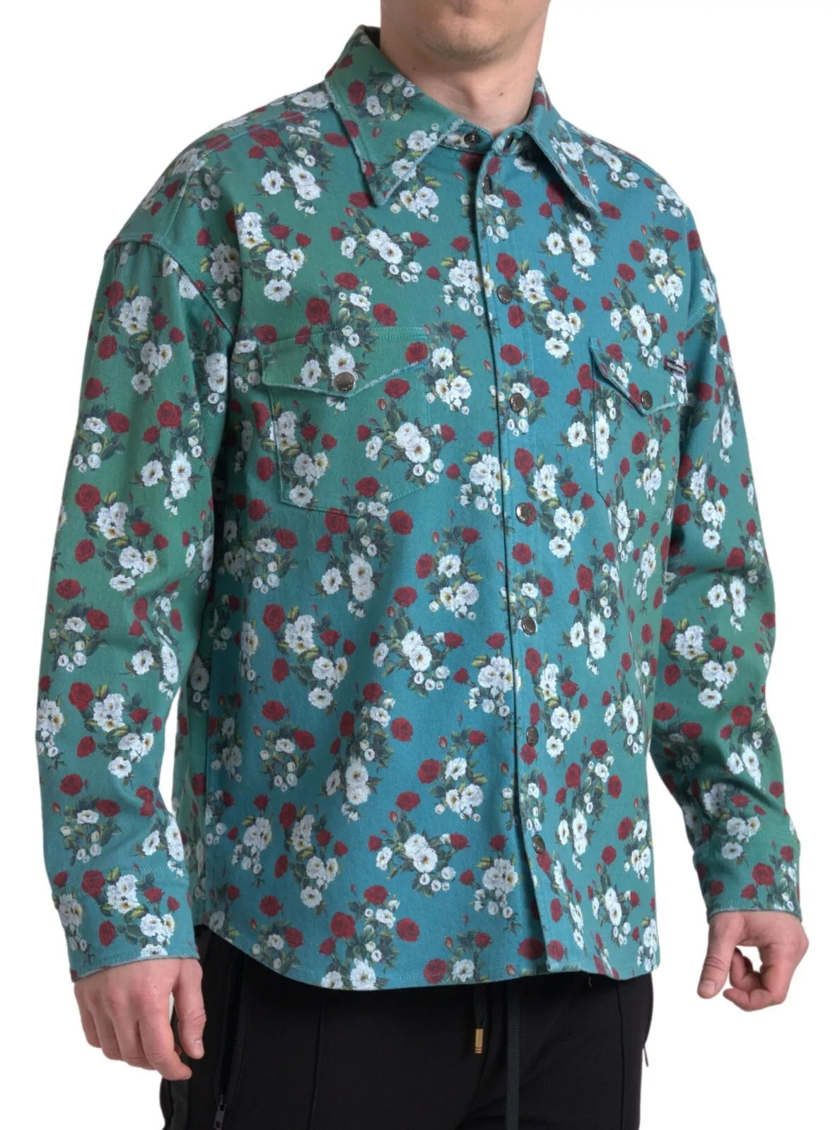 Dolce & Gabbana Blue Floral Cotton Button Down Denim Shirt - IT39 | S