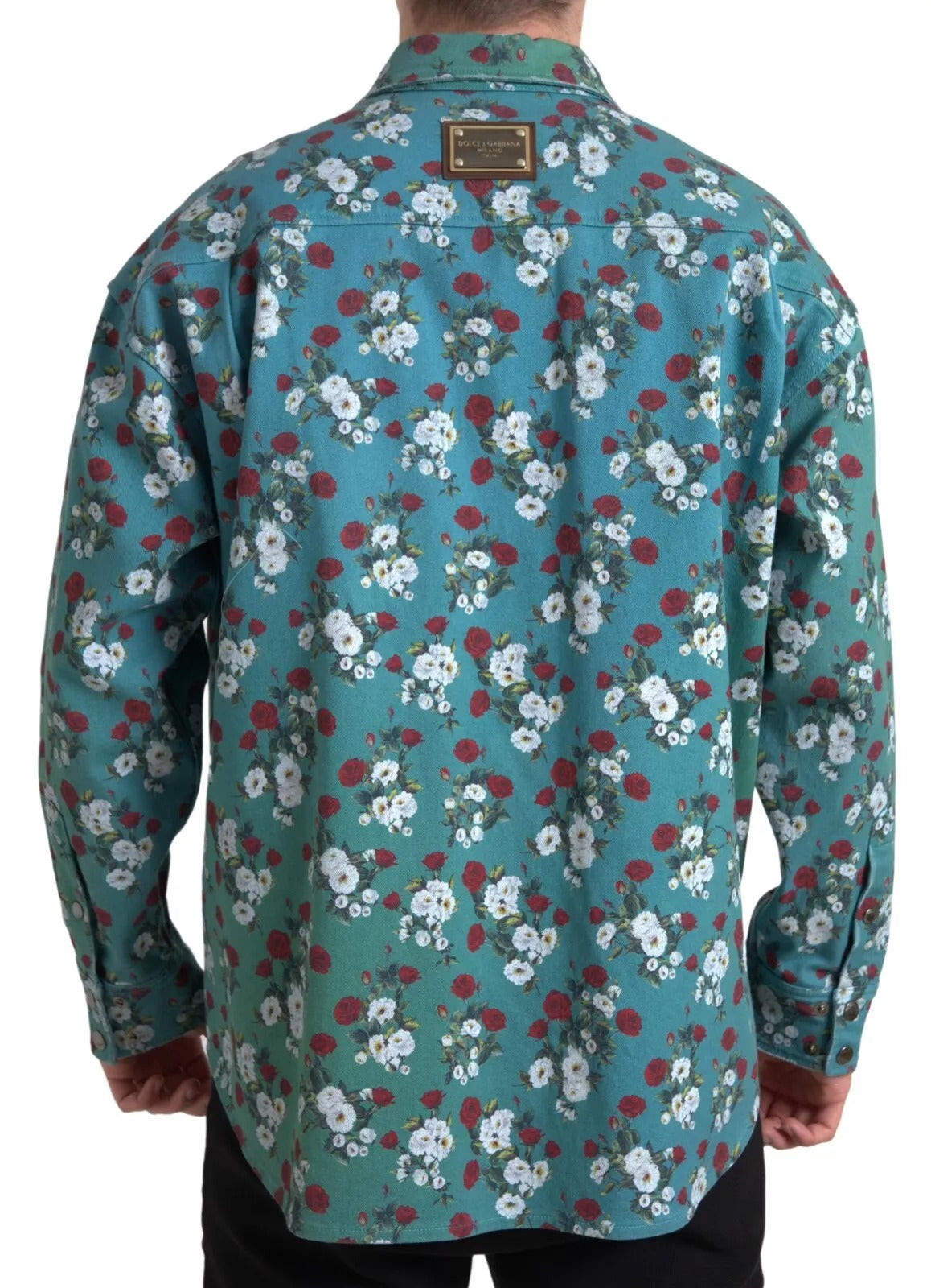 Dolce & Gabbana Blue Floral Cotton Button Down Denim Shirt - IT39 | S