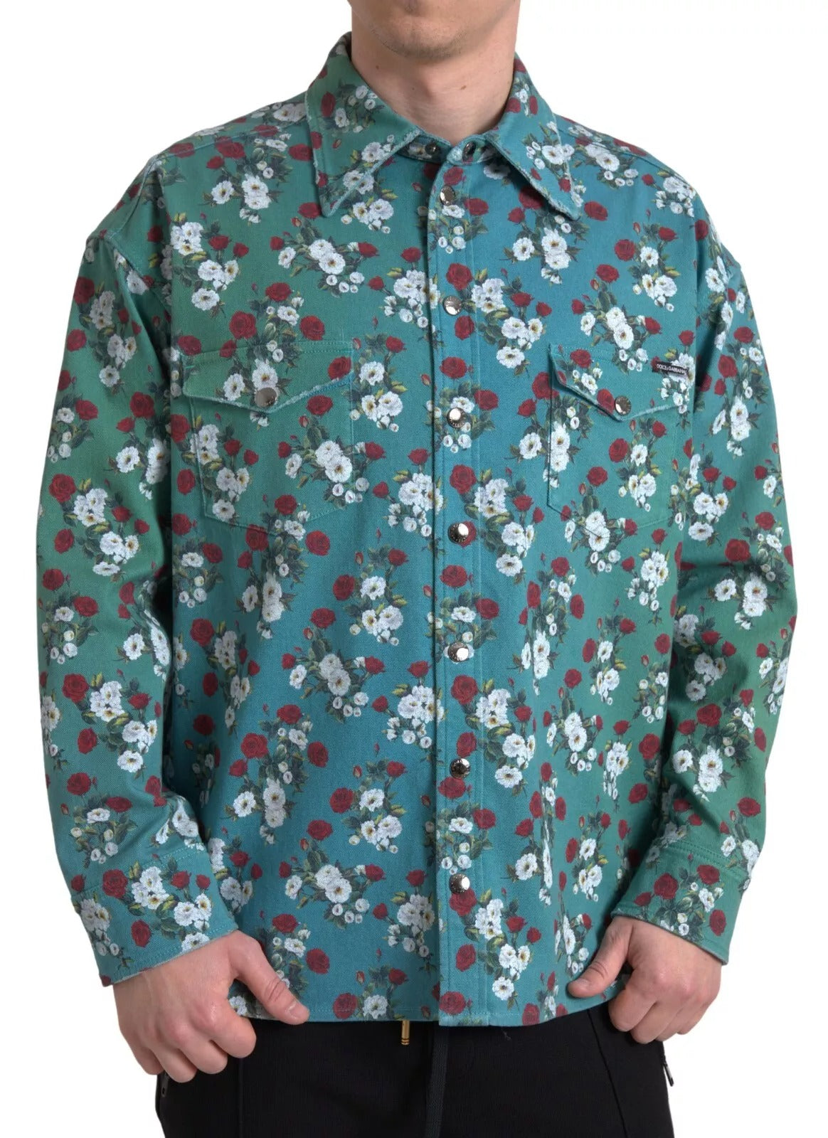 Dolce & Gabbana Blue Floral Cotton Button Down Denim Shirt - IT39 | S