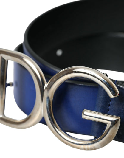 Dolce & Gabbana Blue Leather Silver Metal Logo Buckle Belt Men - 85 cm / 34 Inches