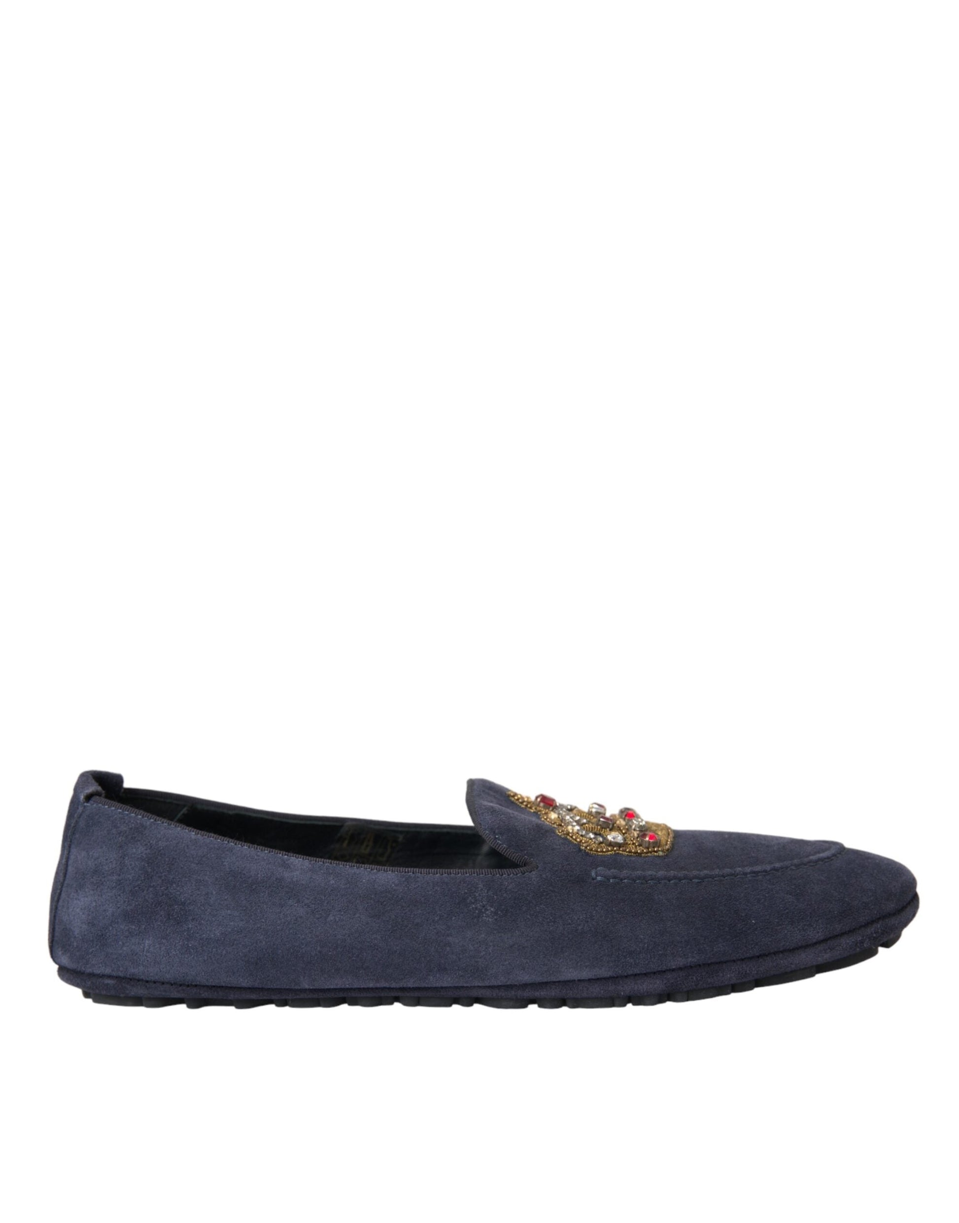 Dolce & Gabbana Blue Leather Suede Crystal Crown Loafers Shoes - EU40/US7