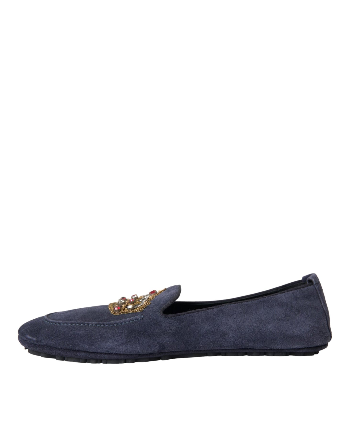 Dolce & Gabbana Blue Leather Suede Crystal Crown Loafers Shoes - EU40/US7