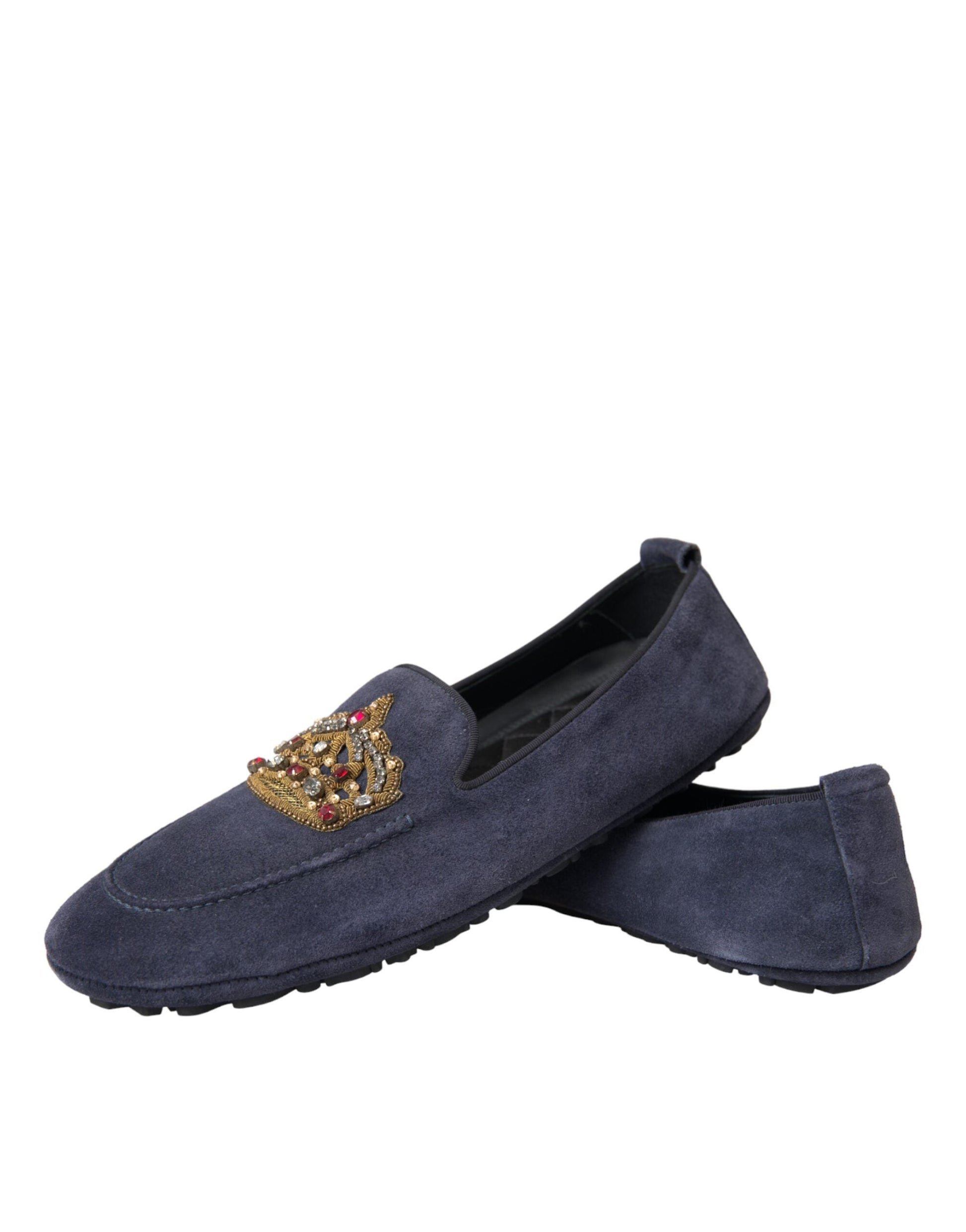 Dolce & Gabbana Blue Leather Suede Crystal Crown Loafers Shoes - EU40/US7