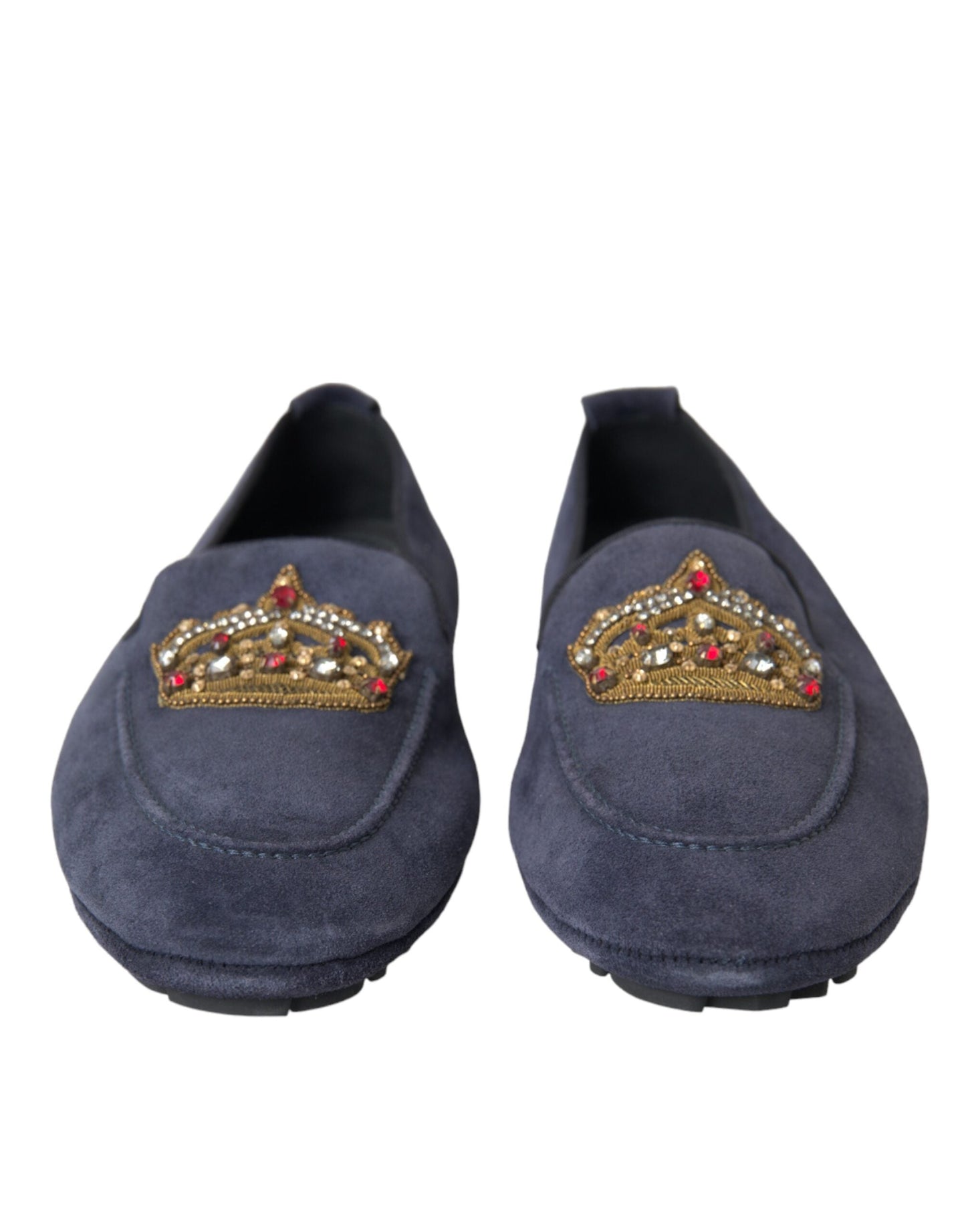 Dolce & Gabbana Blue Leather Suede Crystal Crown Loafers Shoes - EU40/US7