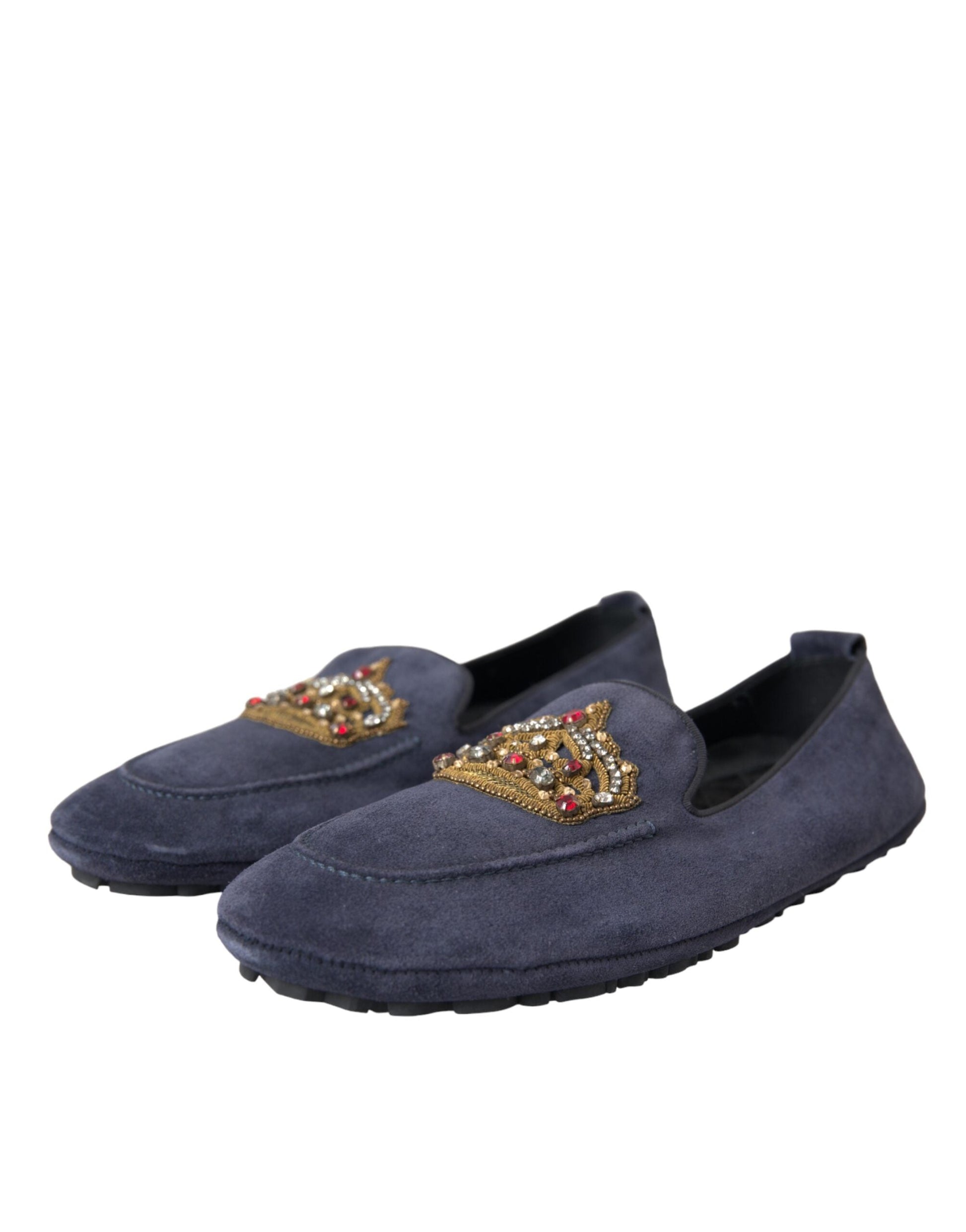 Dolce & Gabbana Blue Leather Suede Crystal Crown Loafers Shoes - EU40/US7