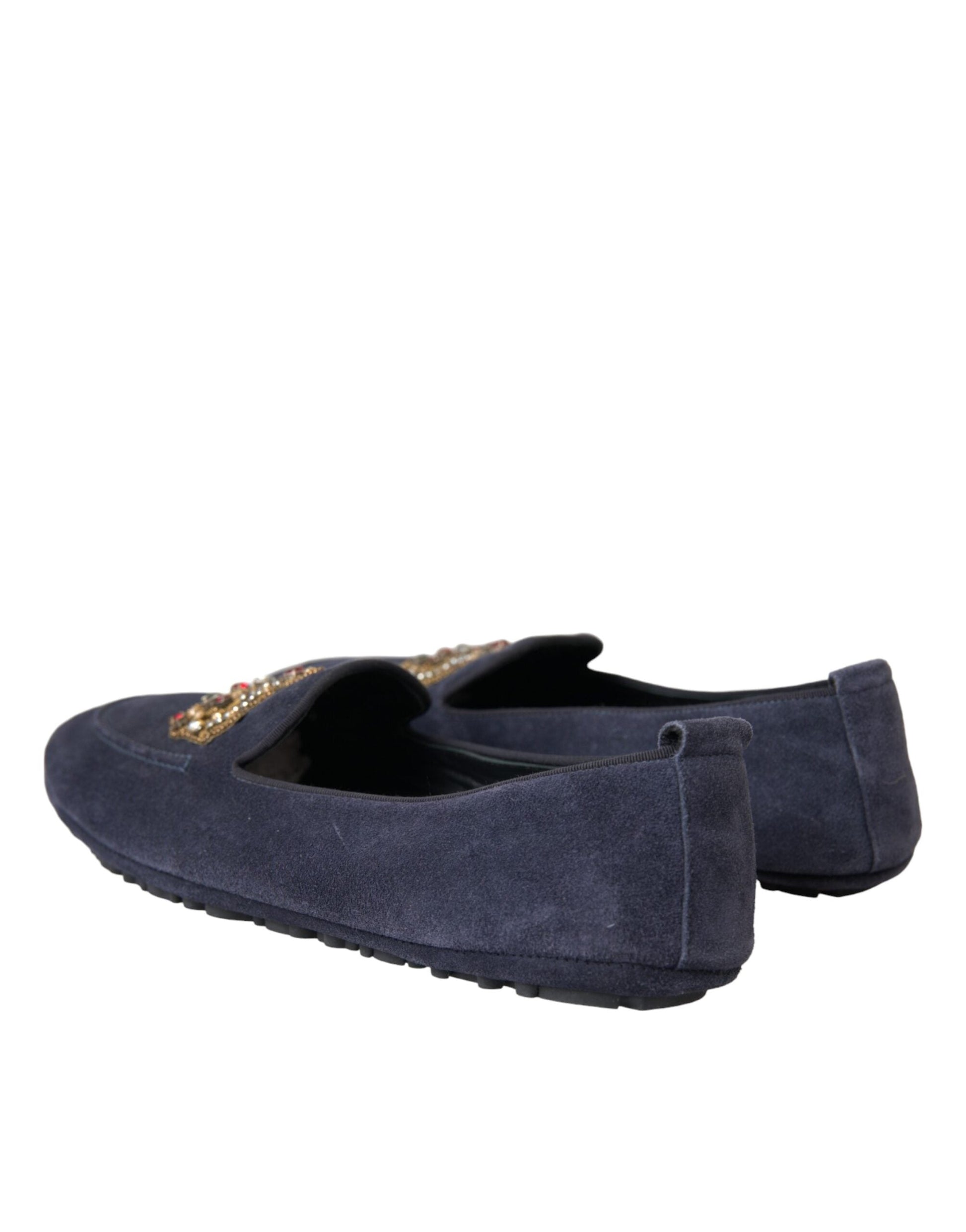 Dolce & Gabbana Blue Leather Suede Crystal Crown Loafers Shoes - EU40/US7