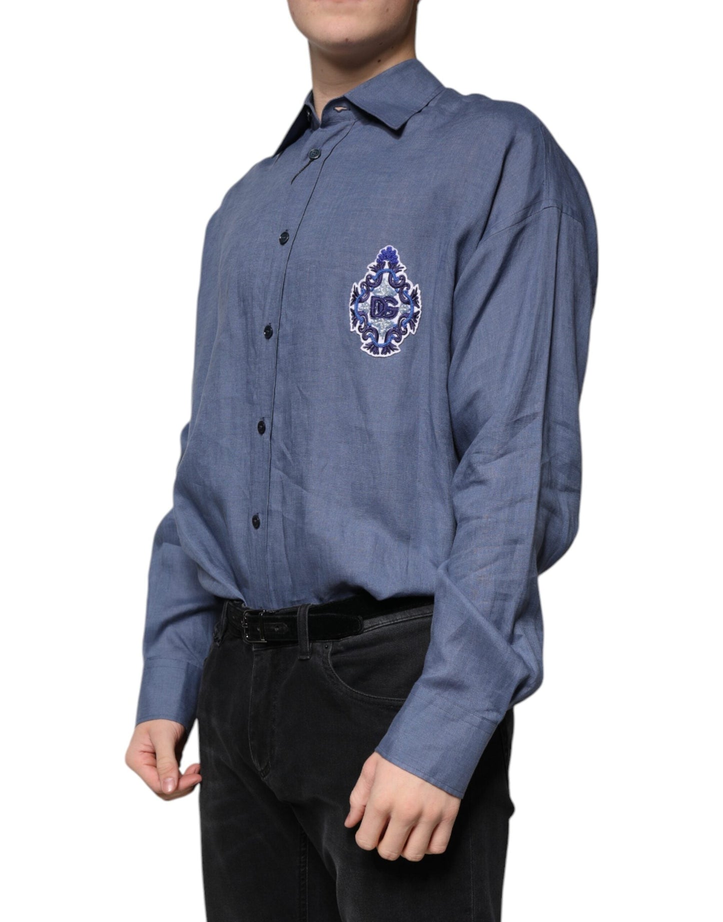 Dolce & Gabbana Blue Logo Long Sleeve Button Down Casual Shirt - IT39 | S