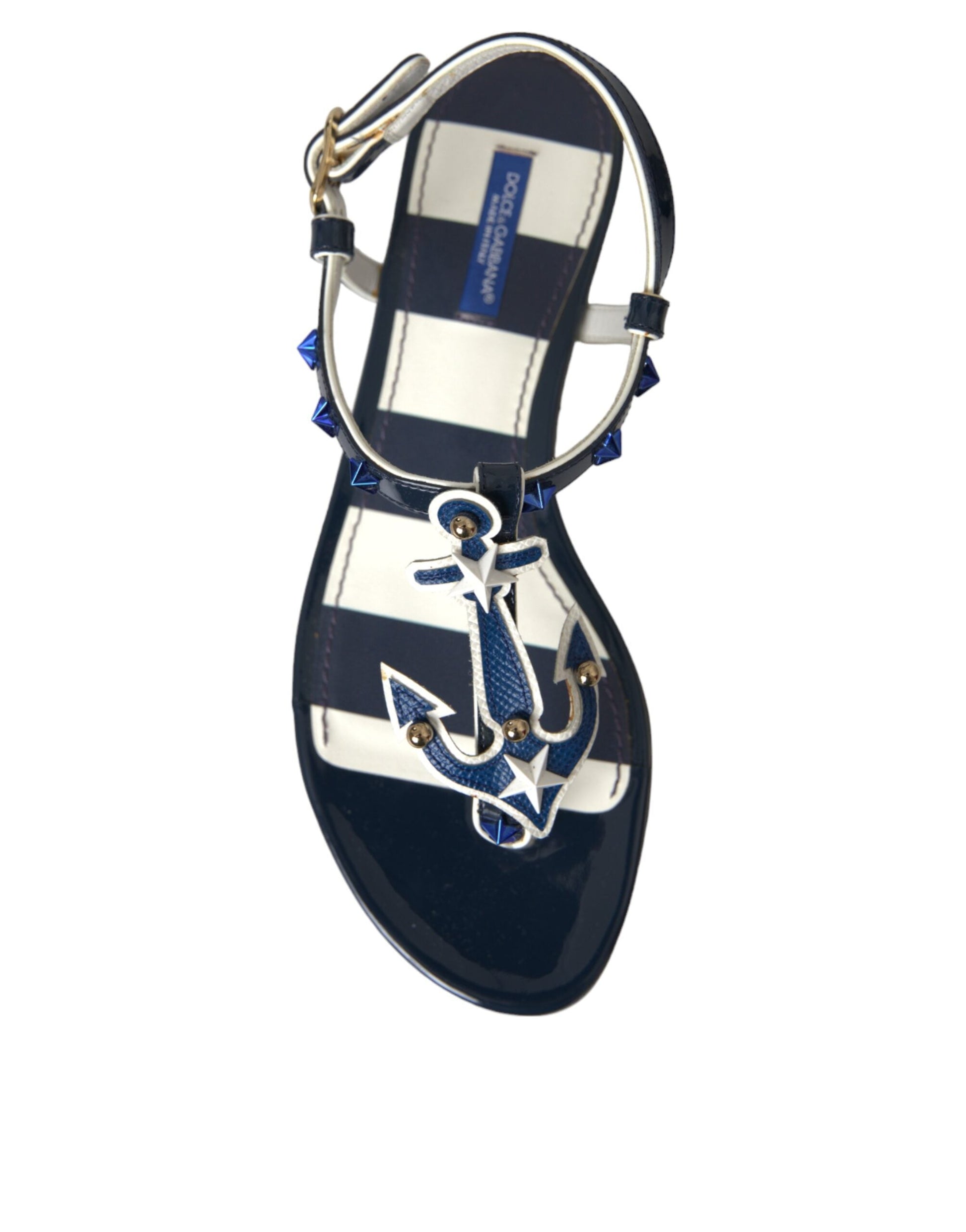 Dolce & Gabbana Blue Stripes Leather Studded Flats Sandals Shoes - EU37/US6.5