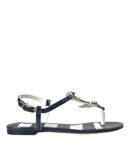 Dolce & Gabbana Blue Stripes Leather Studded Flats Sandals Shoes - EU37/US6.5