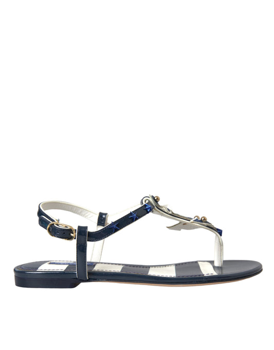 Dolce & Gabbana Blue Stripes Leather Studded Flats Sandals Shoes - EU37/US6.5