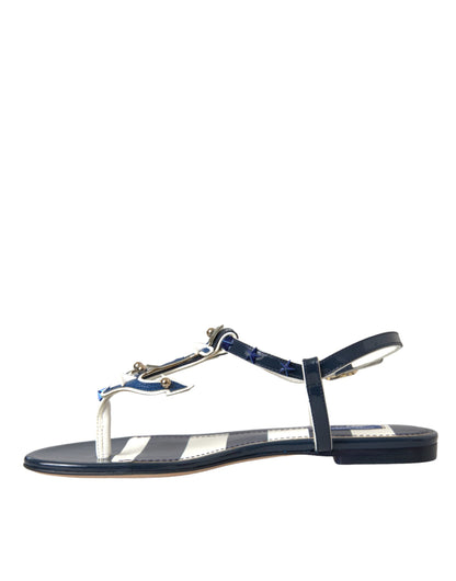 Dolce & Gabbana Blue Stripes Leather Studded Flats Sandals Shoes - EU37/US6.5