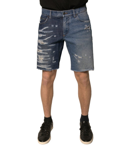 Dolce & Gabbana Blue Tattered Cotton Men Bermuda Denim Shorts - IT48 | M