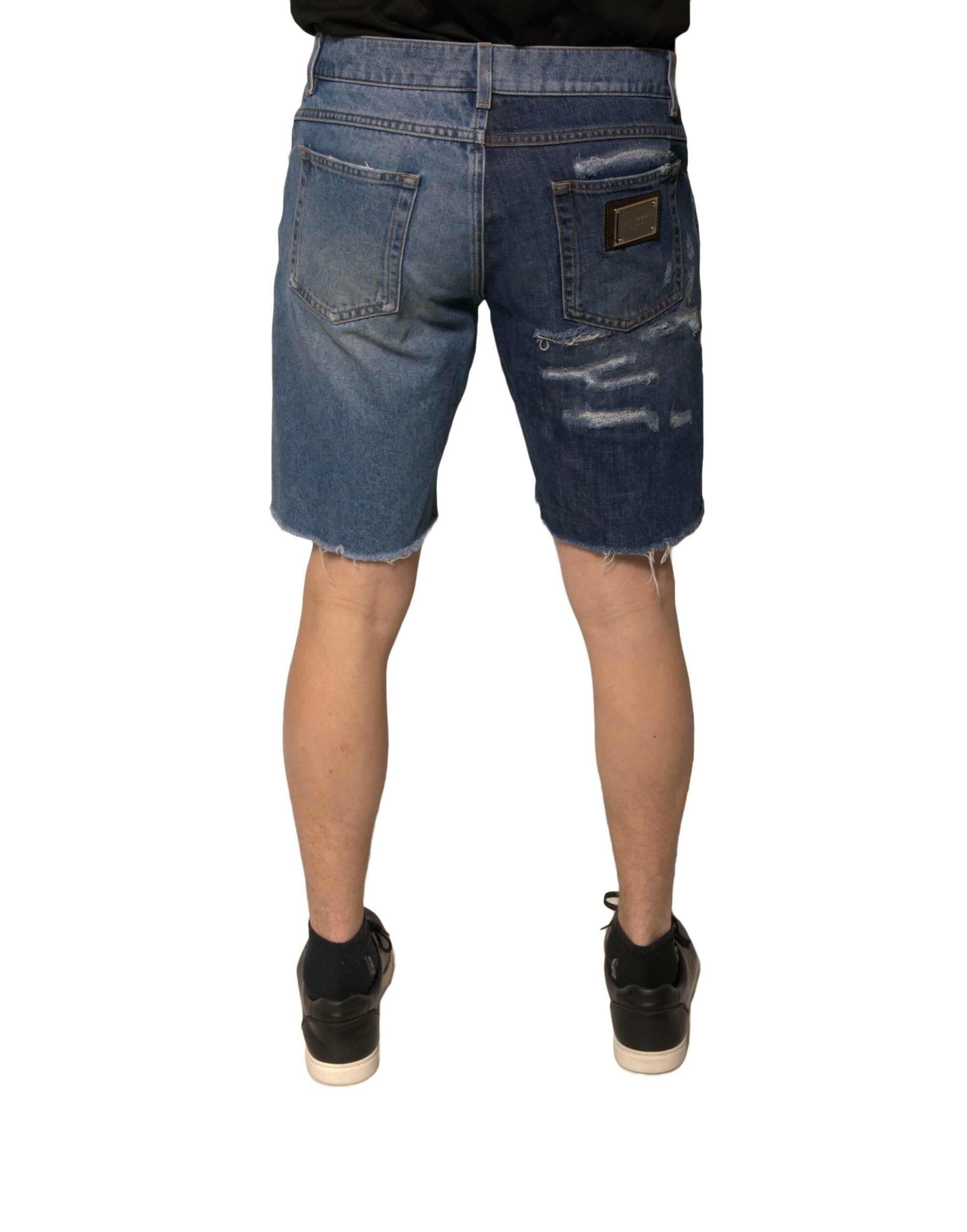 Dolce & Gabbana Blue Tattered Cotton Men Bermuda Denim Shorts - IT48 | M