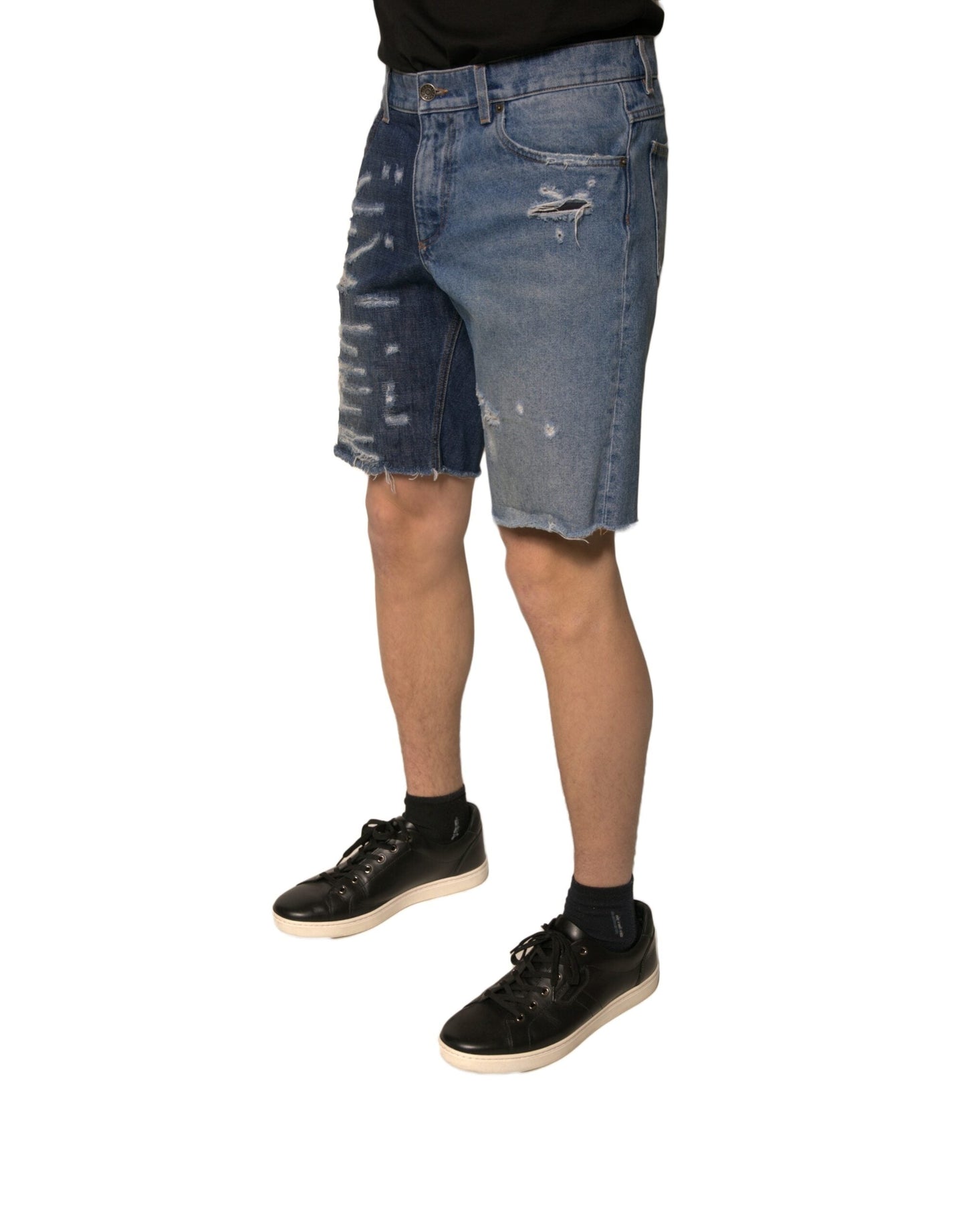 Dolce & Gabbana Blue Tattered Cotton Men Bermuda Denim Shorts - IT48 | M