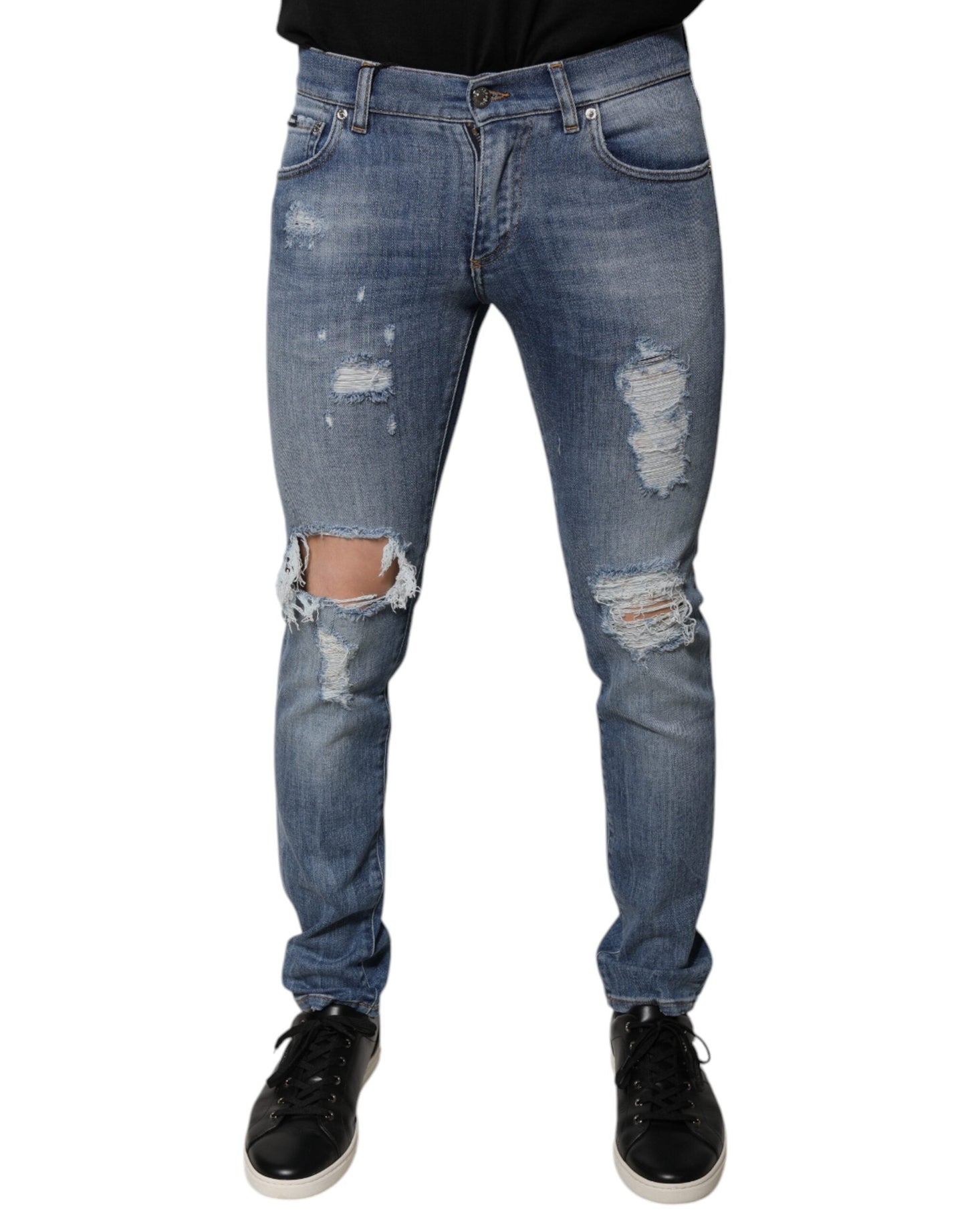 Dolce & Gabbana Blue Tattered Cotton Stretch Skinny Denim Jeans - IT46 | S