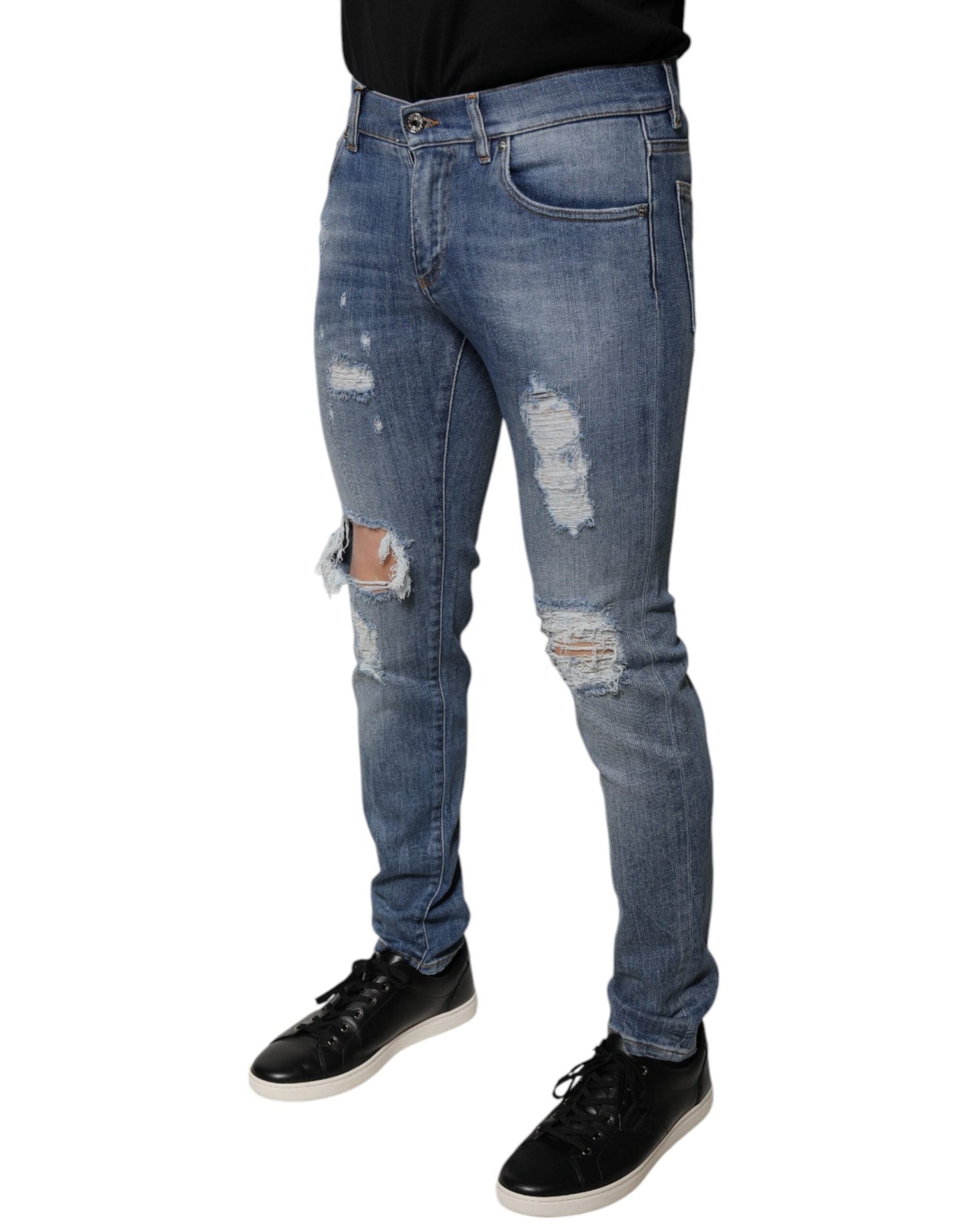 Dolce & Gabbana Blue Tattered Cotton Stretch Skinny Denim Jeans - IT46 | S