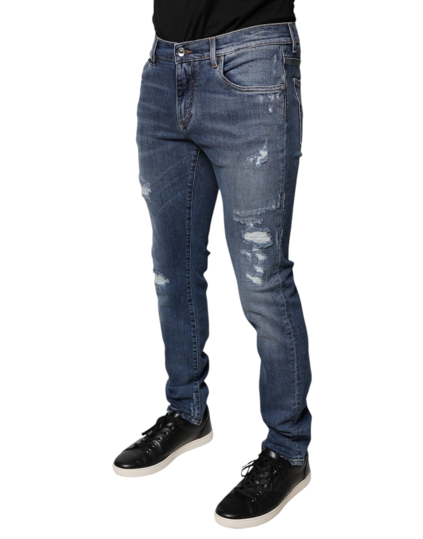 Dolce & Gabbana Blue Tattered Cotton Stretch Skinny Denim Jeans - IT48 | M