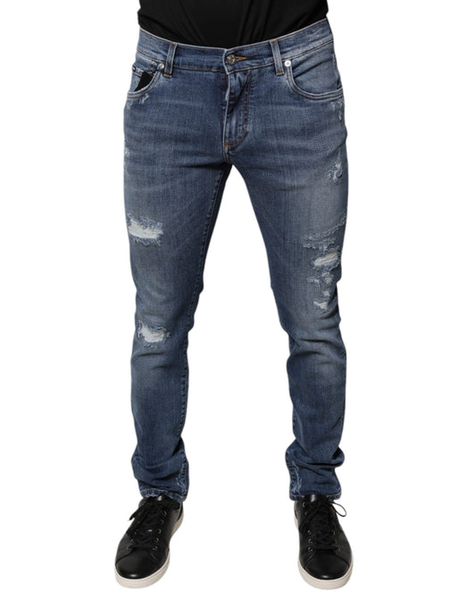 Dolce & Gabbana Blue Tattered Cotton Stretch Skinny Denim Jeans - IT48 | M