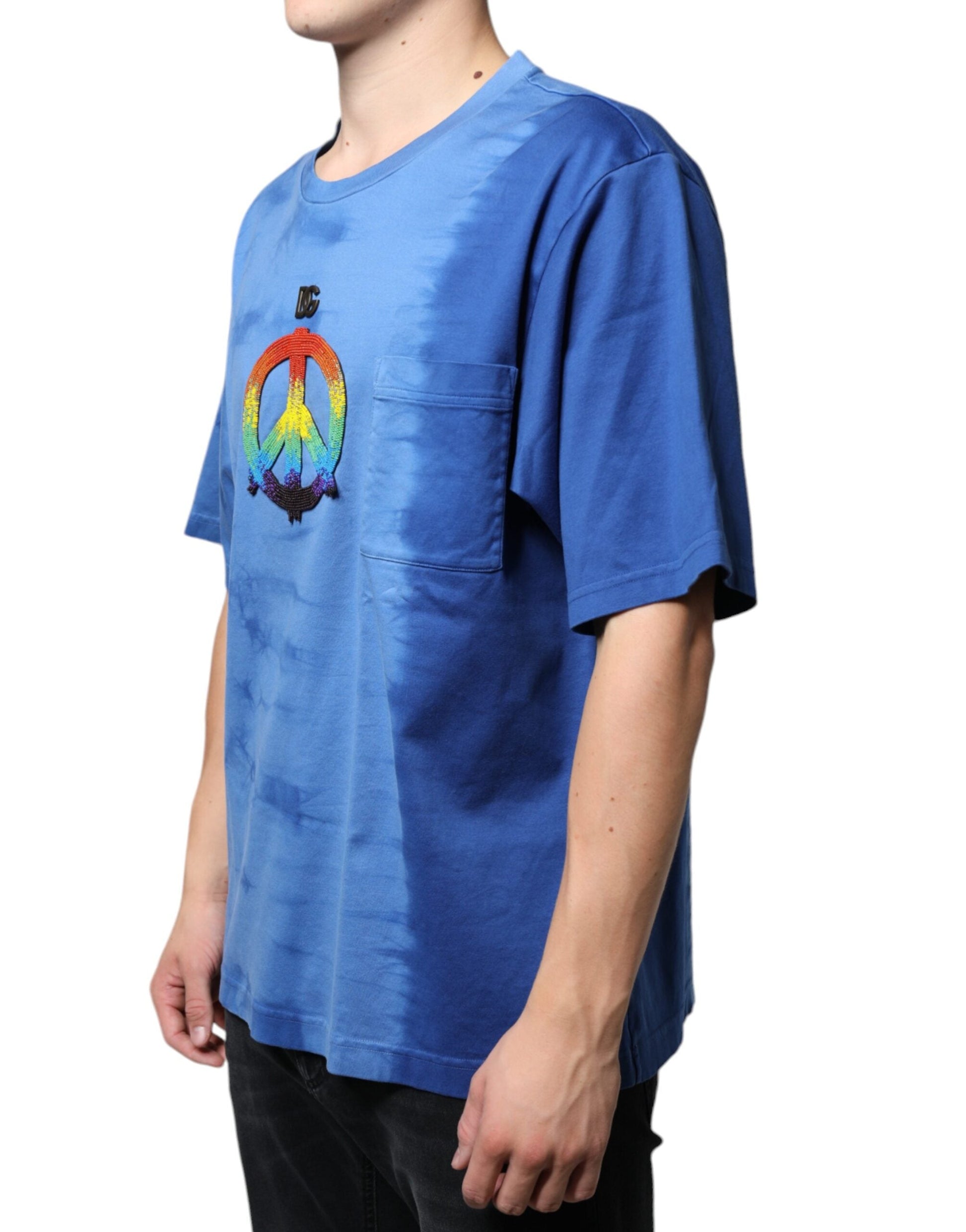 Dolce & Gabbana Blue Tie-Dye Peace Sign Cotton T-shirt - IT52 | XL