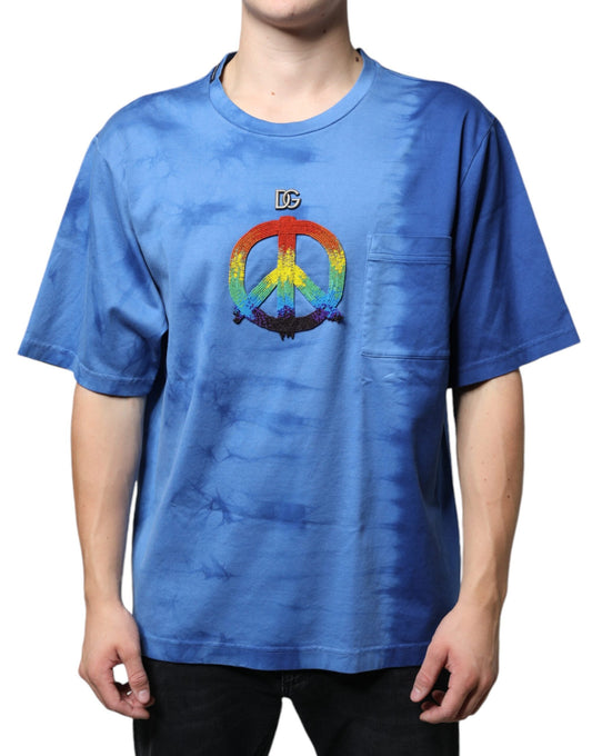 Dolce & Gabbana Blue Tie-Dye Peace Sign Cotton T-shirt - IT52 | XL