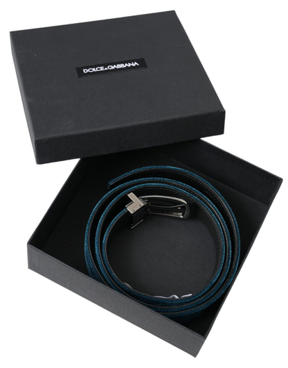 Dolce & Gabbana Blue Velvet Leather Silver Metal Buckle Belt - 95 cm / 38 Inches