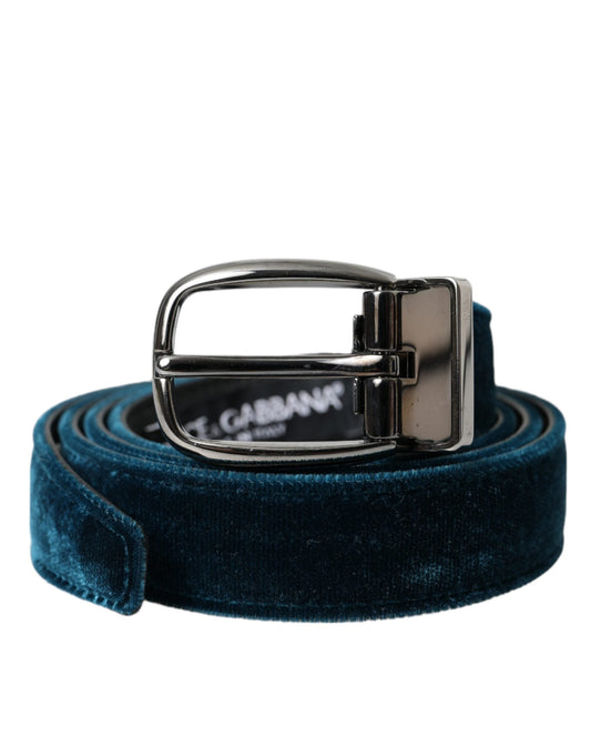 Dolce & Gabbana Blue Velvet Leather Silver Metal Buckle Belt - 95 cm / 38 Inches