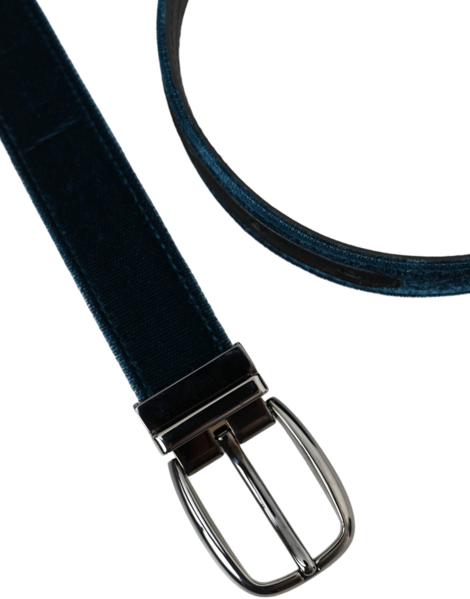 Dolce & Gabbana Blue Velvet Leather Silver Metal Buckle Belt - 95 cm / 38 Inches