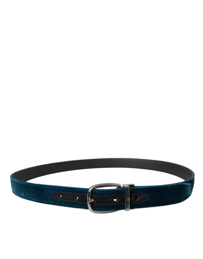 Dolce & Gabbana Blue Velvet Leather Silver Metal Buckle Belt - 95 cm / 38 Inches