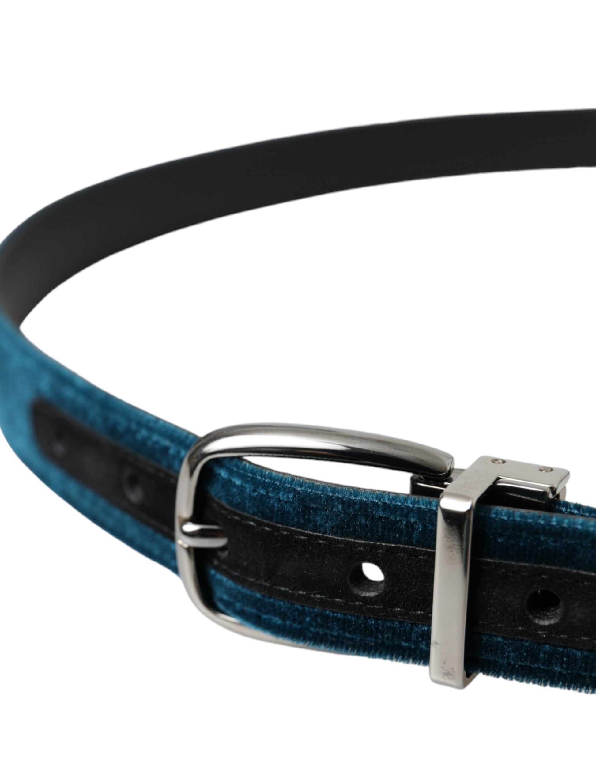 Dolce & Gabbana Blue Velvet Leather Silver Metal Buckle Belt - 95 cm / 38 Inches