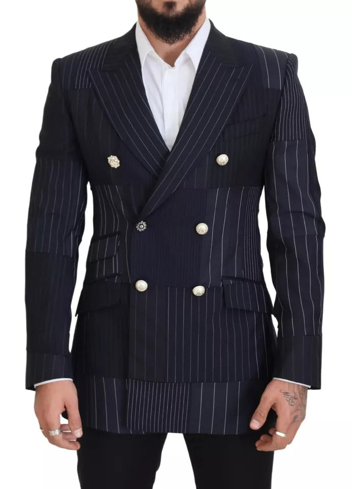 Dolce & Gabbana Blue Wool Patchwork Double Breasted Blazer - IT50 | L