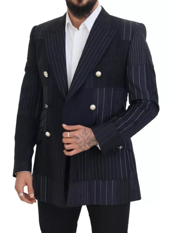 Dolce & Gabbana Blue Wool Patchwork Double Breasted Blazer - IT50 | L