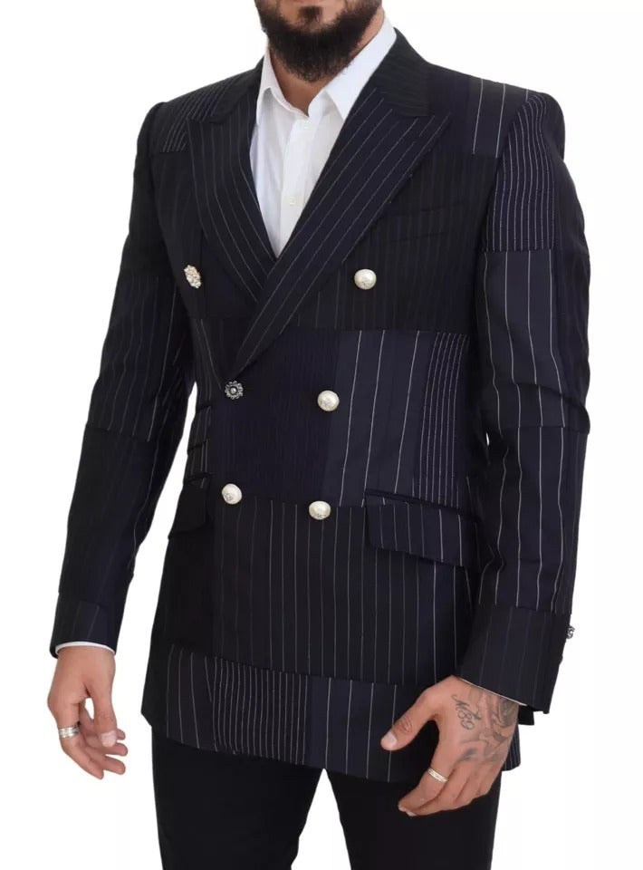 Dolce & Gabbana Blue Wool Patchwork Double Breasted Blazer - IT50 | L