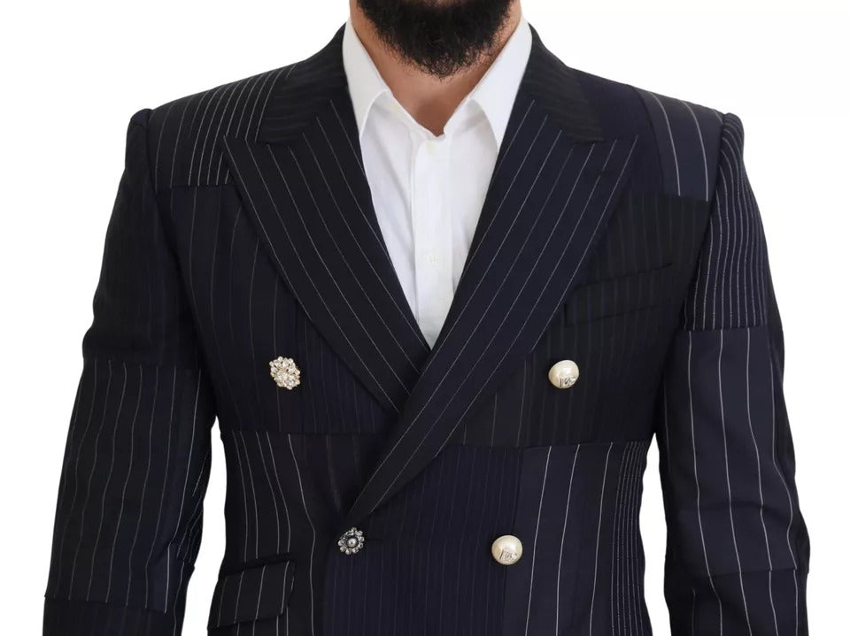 Dolce & Gabbana Blue Wool Patchwork Double Breasted Blazer - IT50 | L