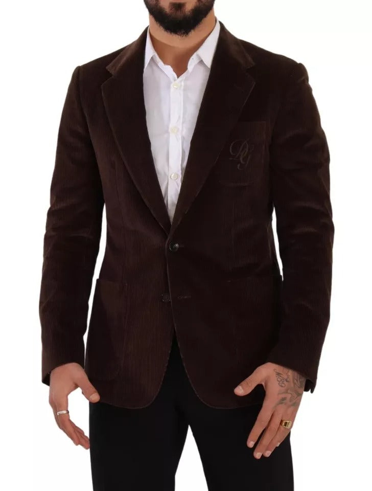 Dolce & Gabbana Brown Corduroy Slim Fit Coat DG Logo Blazer - IT50 | L