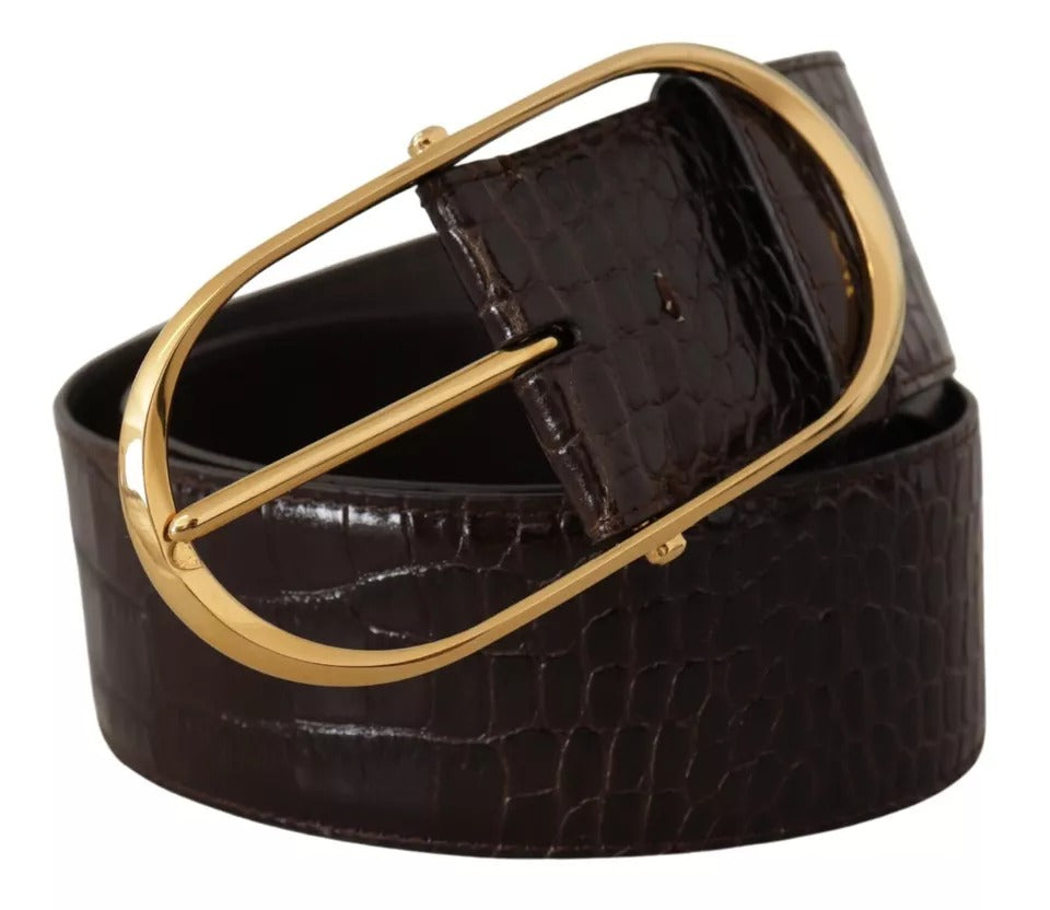 Dolce & Gabbana Brown Crocodile Pattern Leather Gold Oval Buckle Belt - 75 cm / 30 Inches