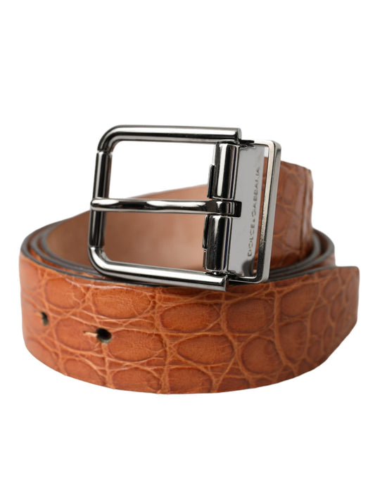 Dolce & Gabbana Brown Exotic Leather Silver Metal Buckle Belt - 90 cm / 36 Inches