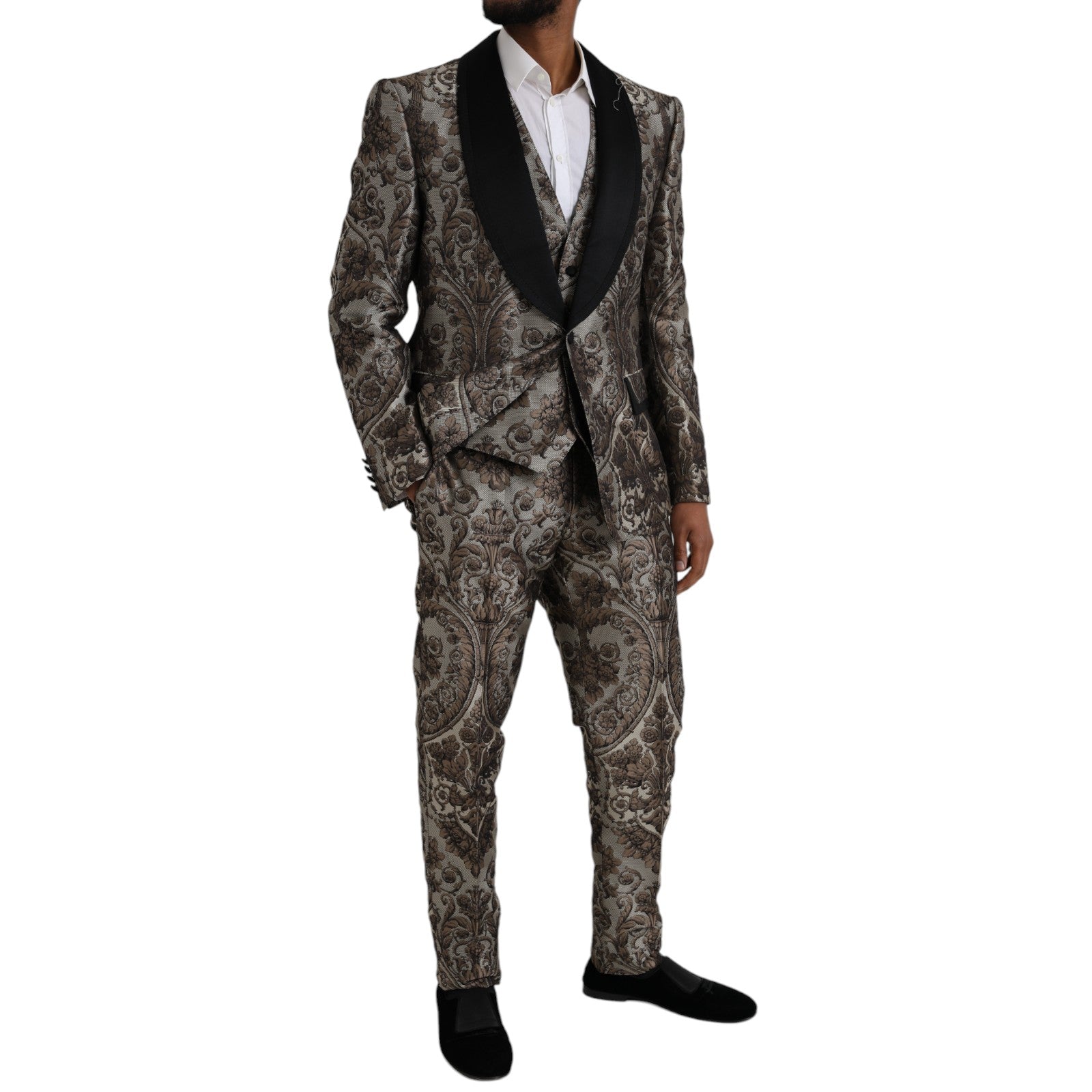 Dolce & Gabbana Brown Floral Jacquard Formal 3 Piece Suit - IT54 | XL