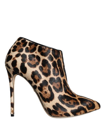 Dolce & Gabbana Brown Leopard Calf Fur Heels Ankle Boots Shoes - EU37.5/US7