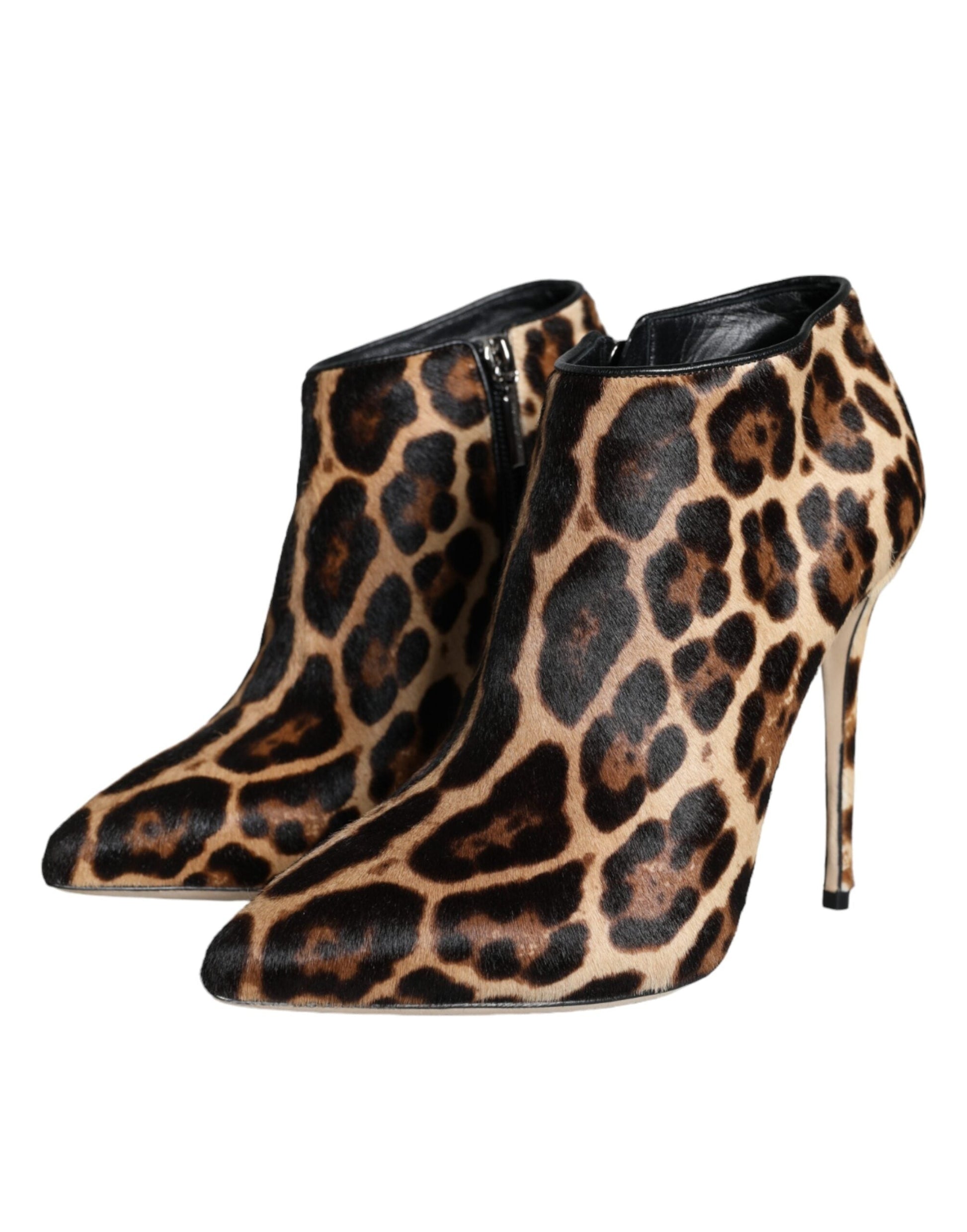 Dolce & Gabbana Brown Leopard Calf Fur Heels Ankle Boots Shoes - EU37.5/US7