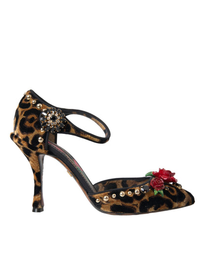 Dolce & Gabbana Brown Leopard Floral Crystal Mary Janes Pumps Shoes - EU37.5/US7