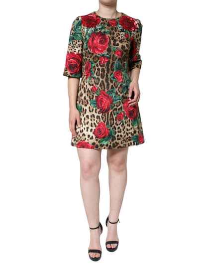 Dolce & Gabbana Brown Leopard Red Roses Cotton A-line Dress - IT42|M